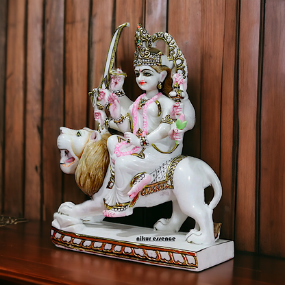 Marble Durga Mata seated on lion idol - 18 inches