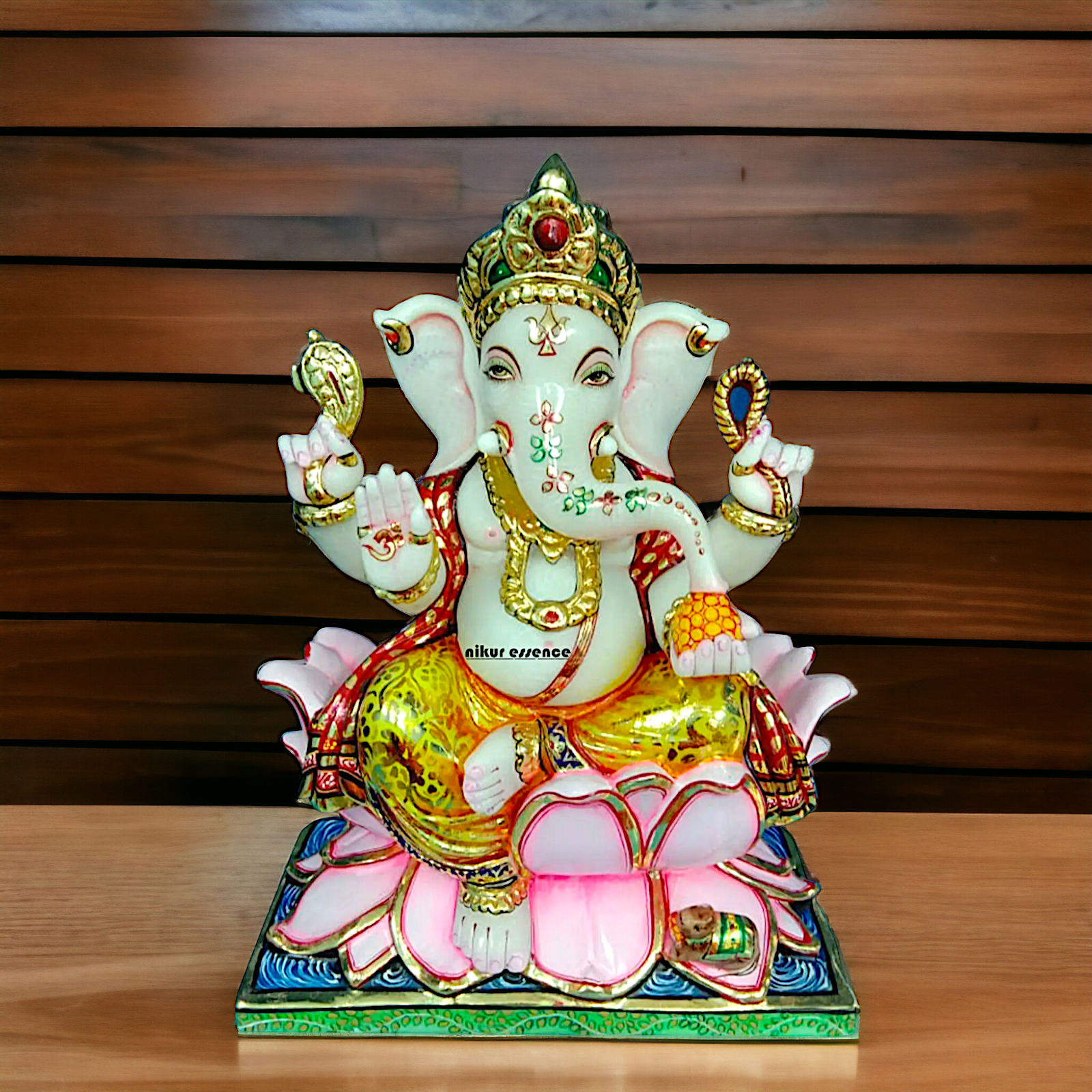 Ganesha seated on Lotus marble statue - 12 inches