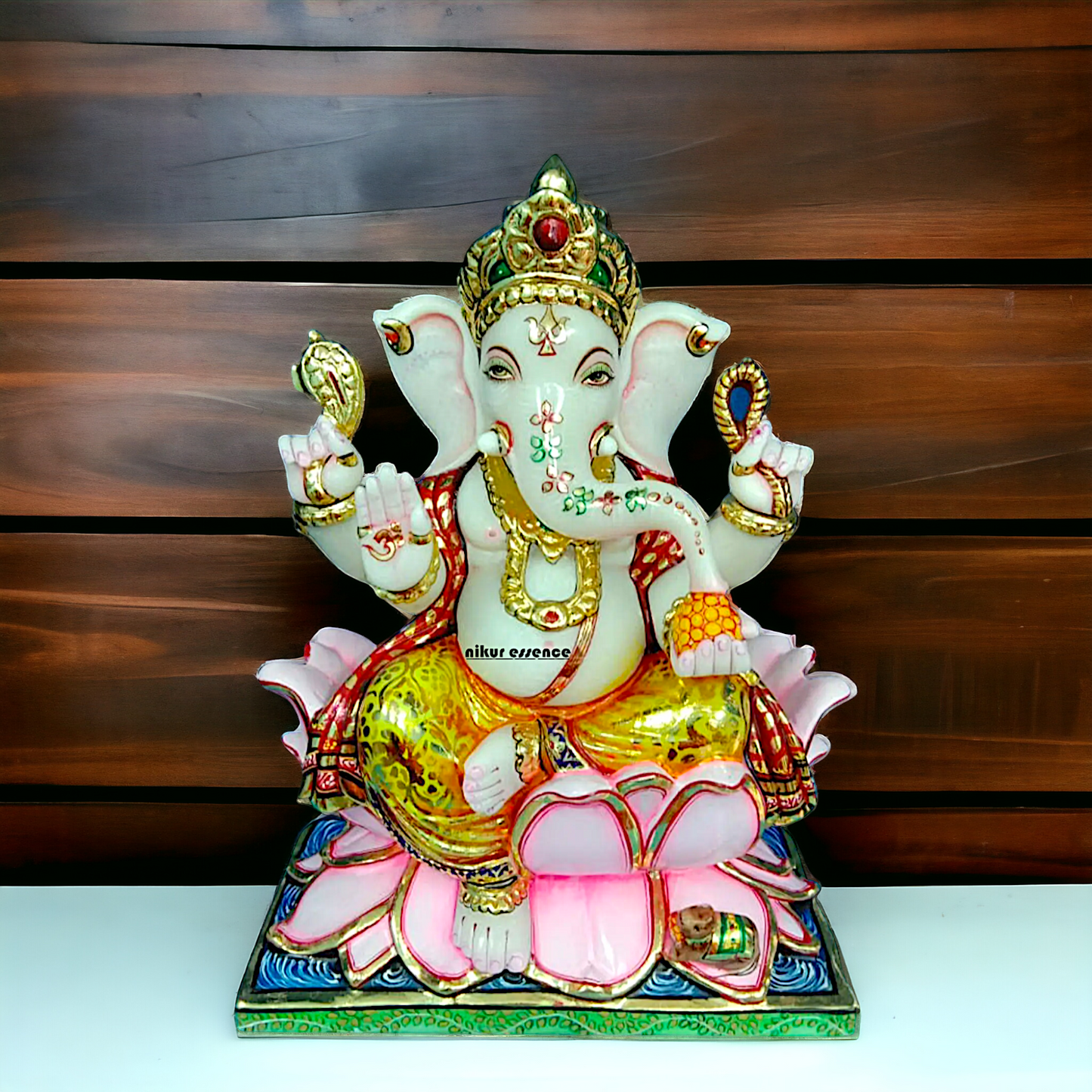 Ganesha seated on Lotus marble statue - 12 inches