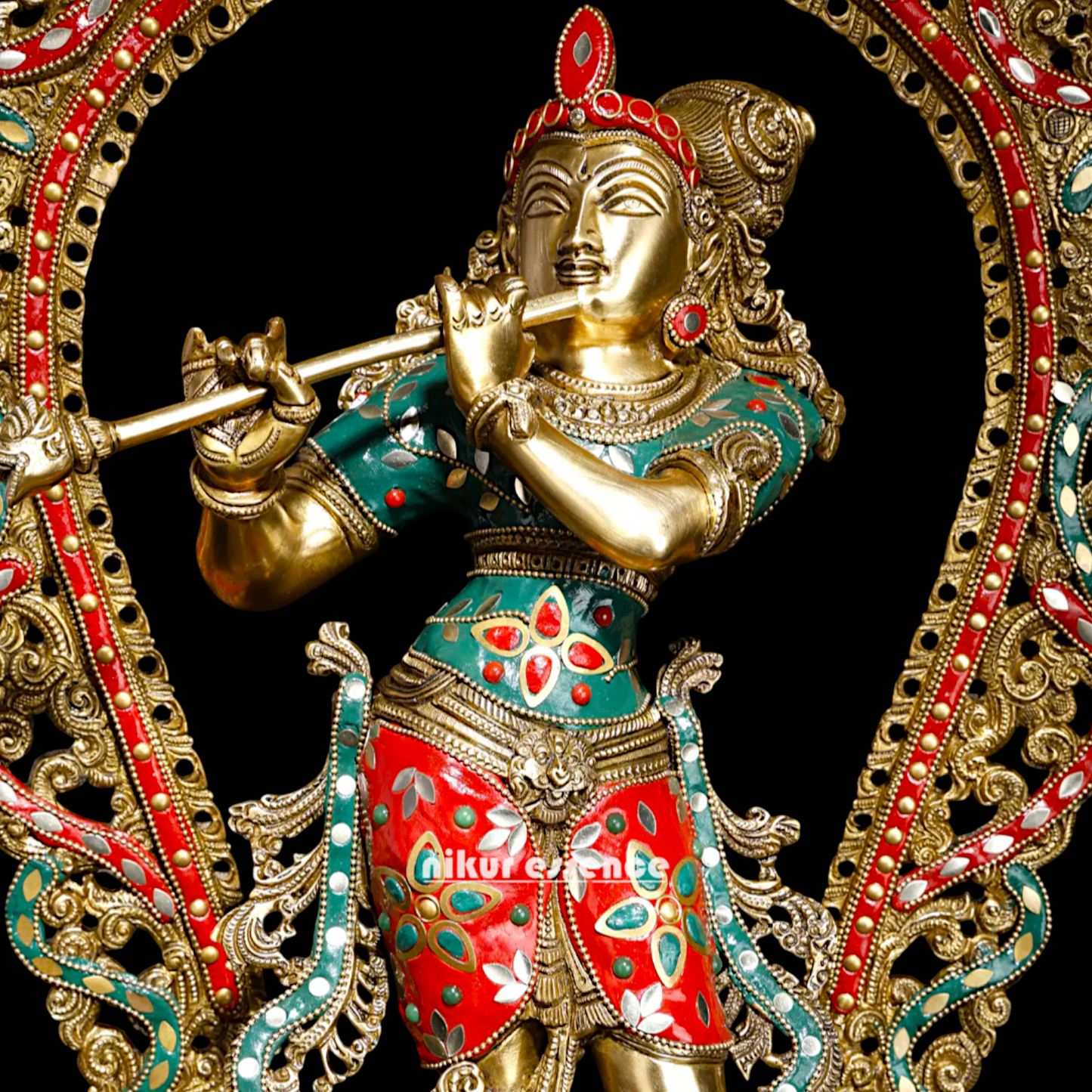 Big Krishna Murli Playing Flute Brass with Stone Work idol - 31 inches