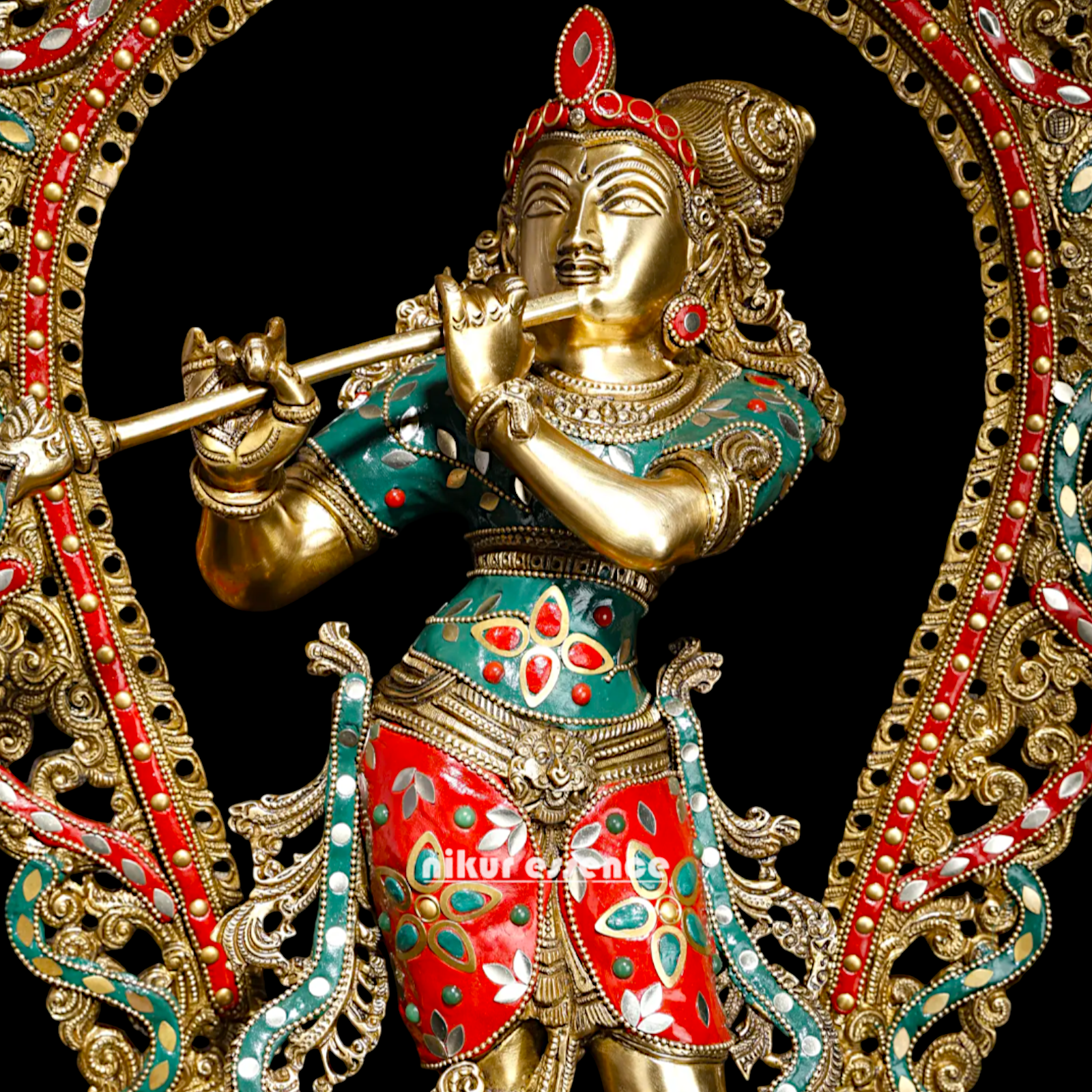 Big Krishna Murli Playing Flute Brass with Stone Work idol - 31 inches