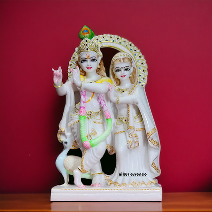 Radha Krishna Standing with peacock Marble idol- 15 Inches