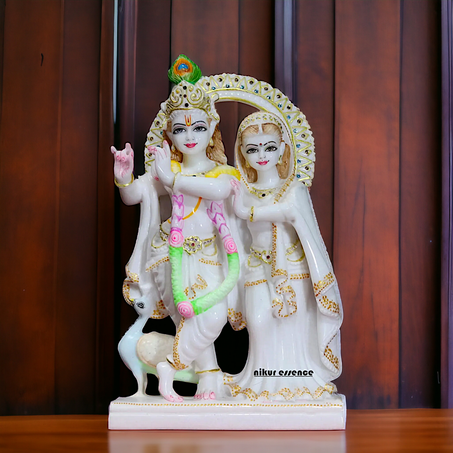 Radha Krishna Standing with peacock Marble idol- 15 Inches