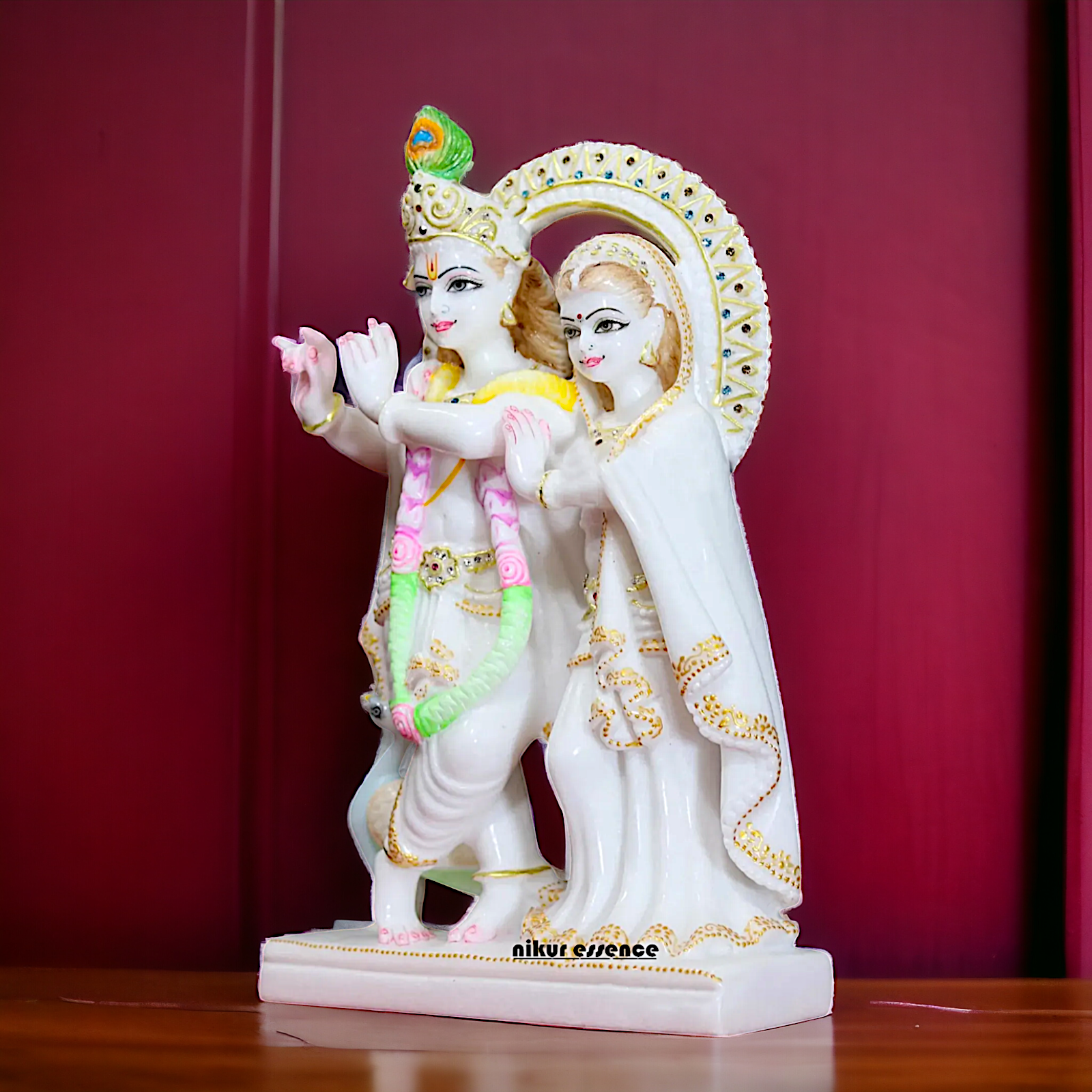 Radha Krishna Standing with peacock Marble idol- 15 Inches