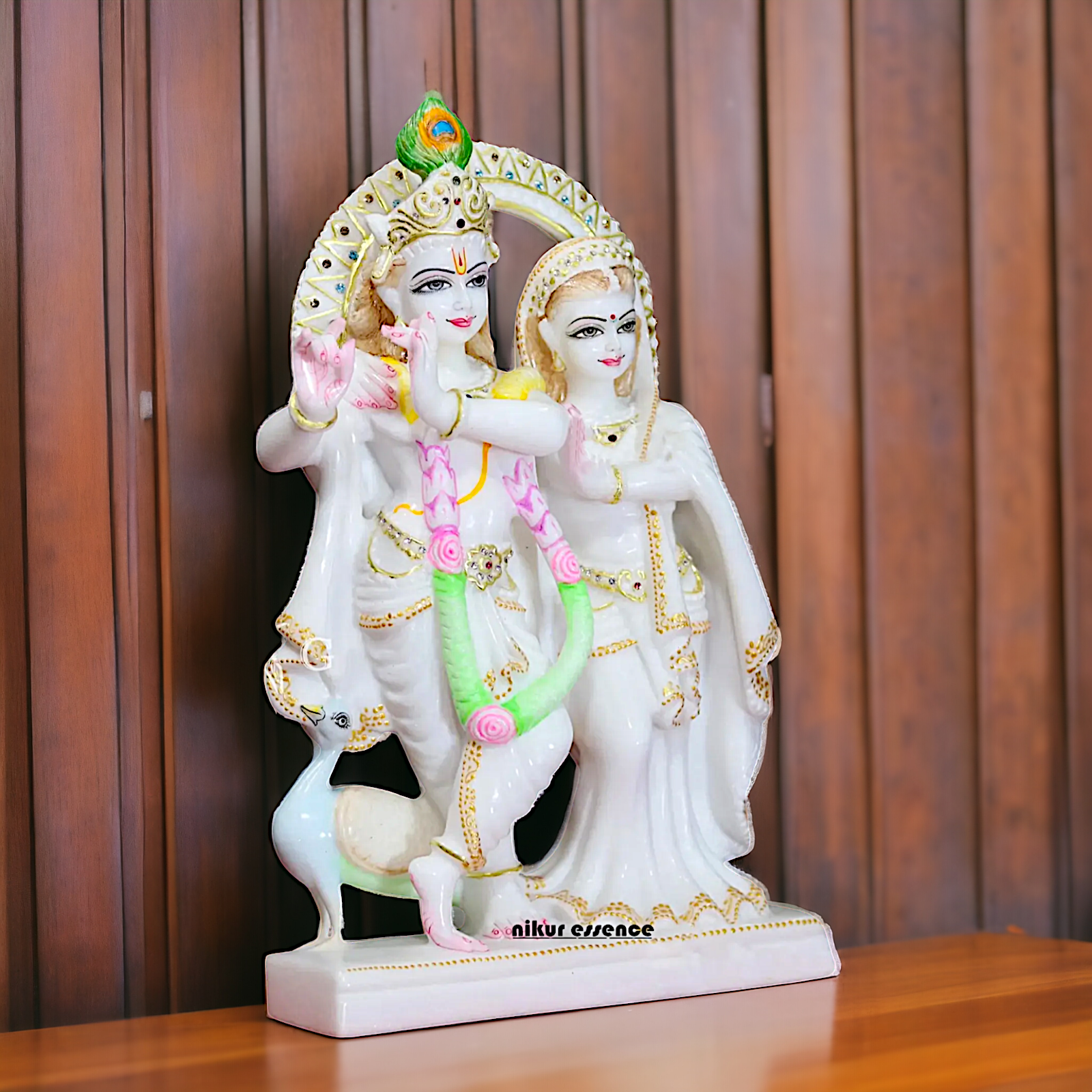 Radha Krishna Standing with peacock Marble idol- 15 Inches