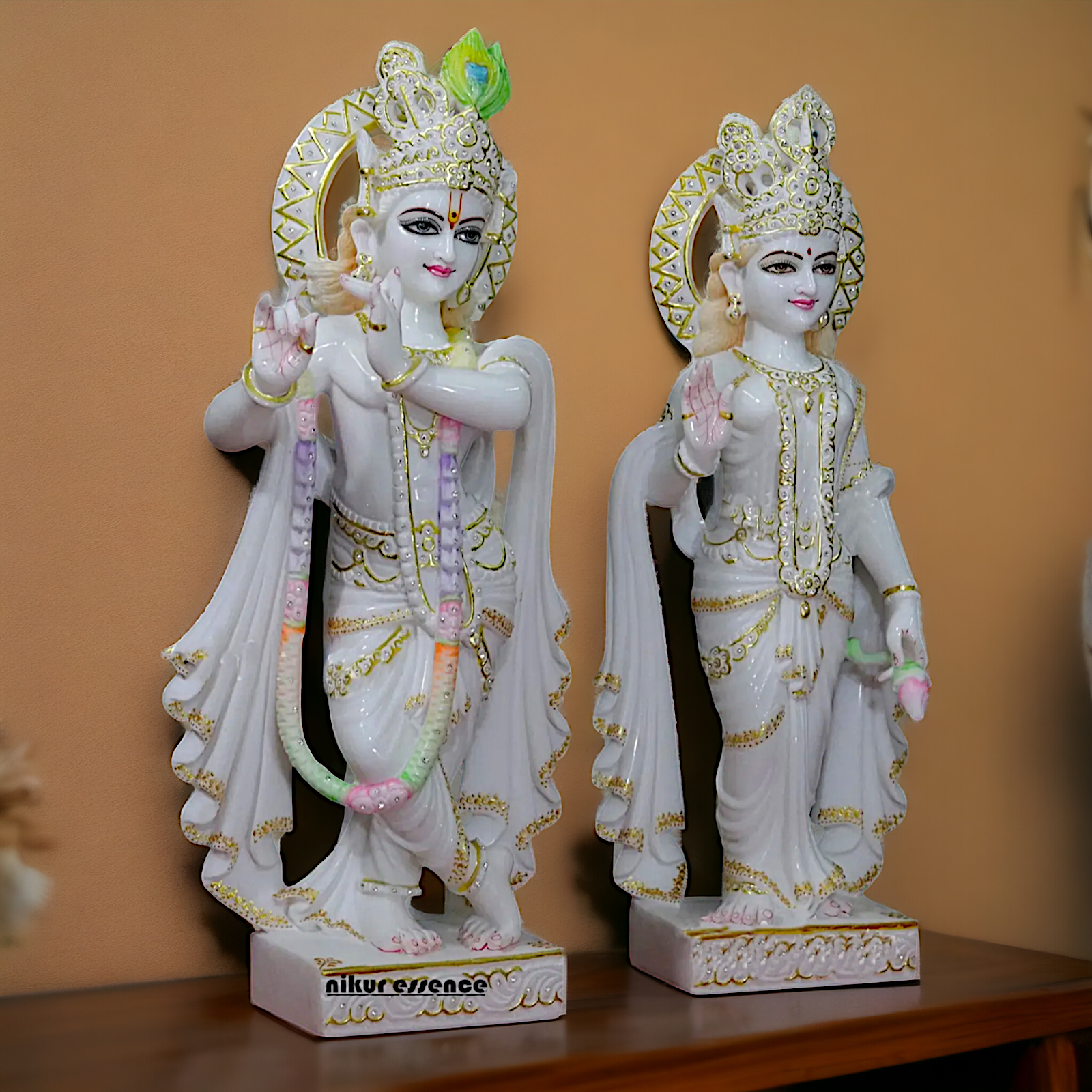 Heavy Radha Krishna Standing with peacock Marble statue- 27 Inches