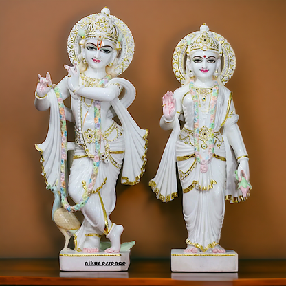 Marble Radha Krishna with Playing Flute peacock idol - 30 inches