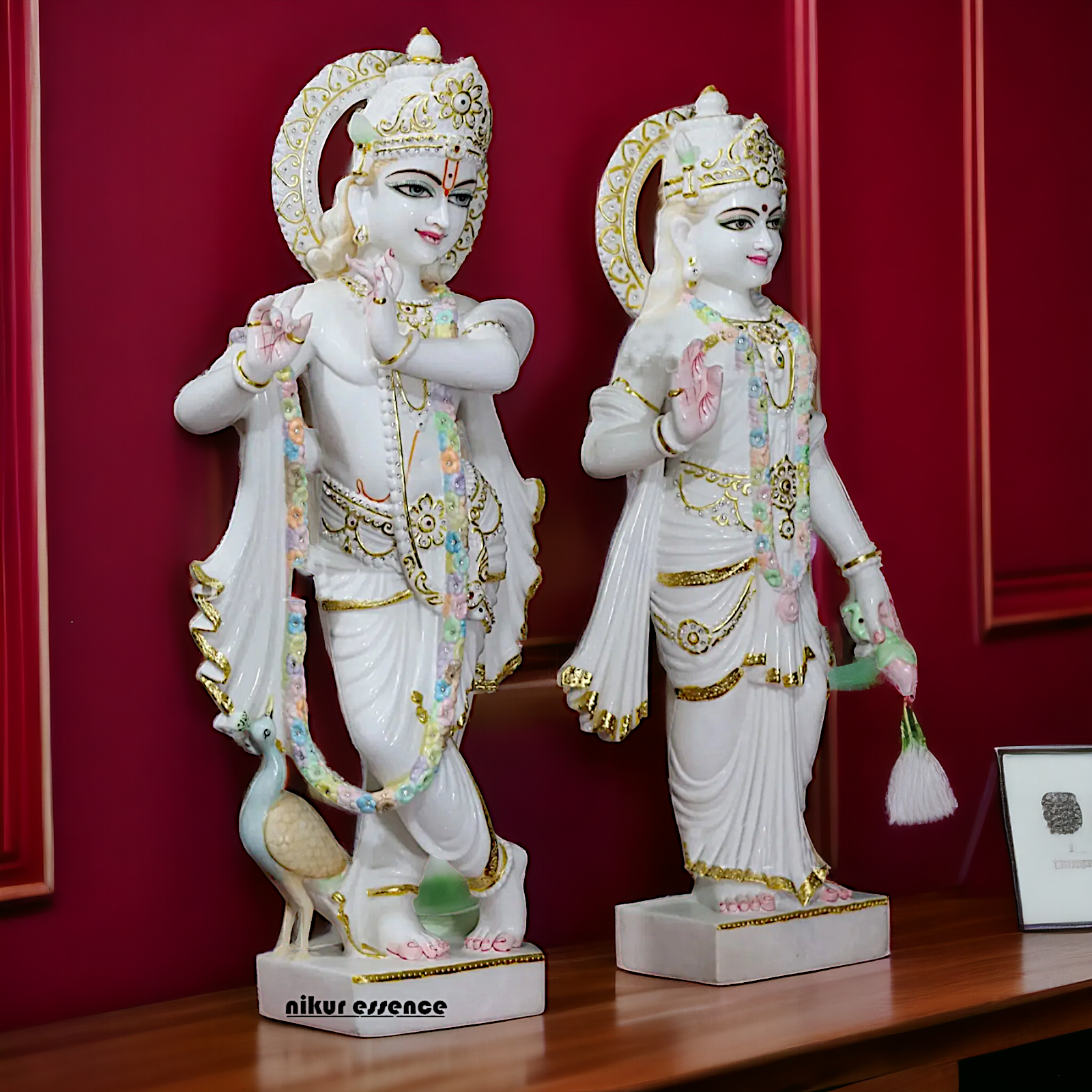 Marble Radha Krishna with Playing Flute peacock idol - 30 inches