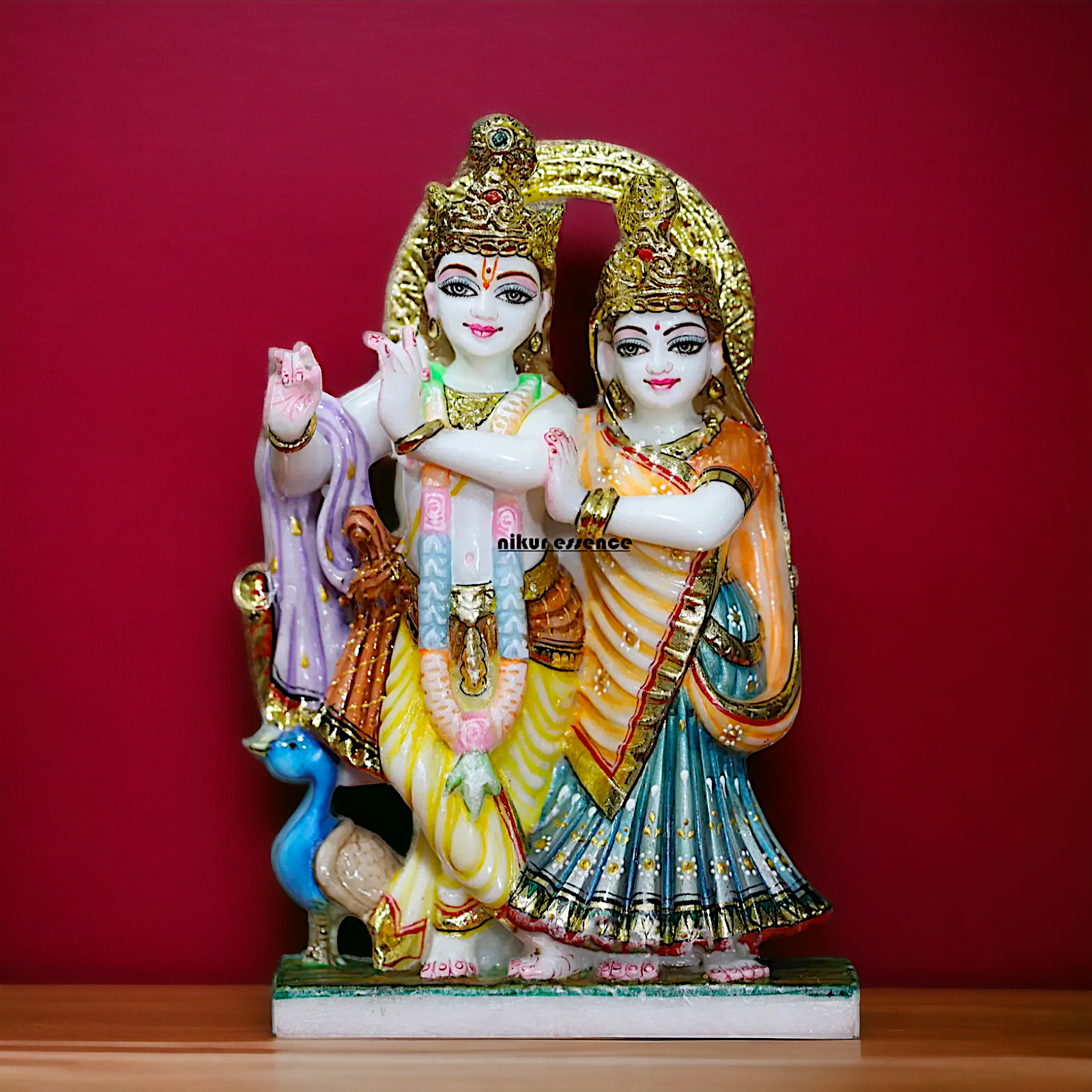 Radha and Krishna Standing with peacock Marble idol - 9 Inches