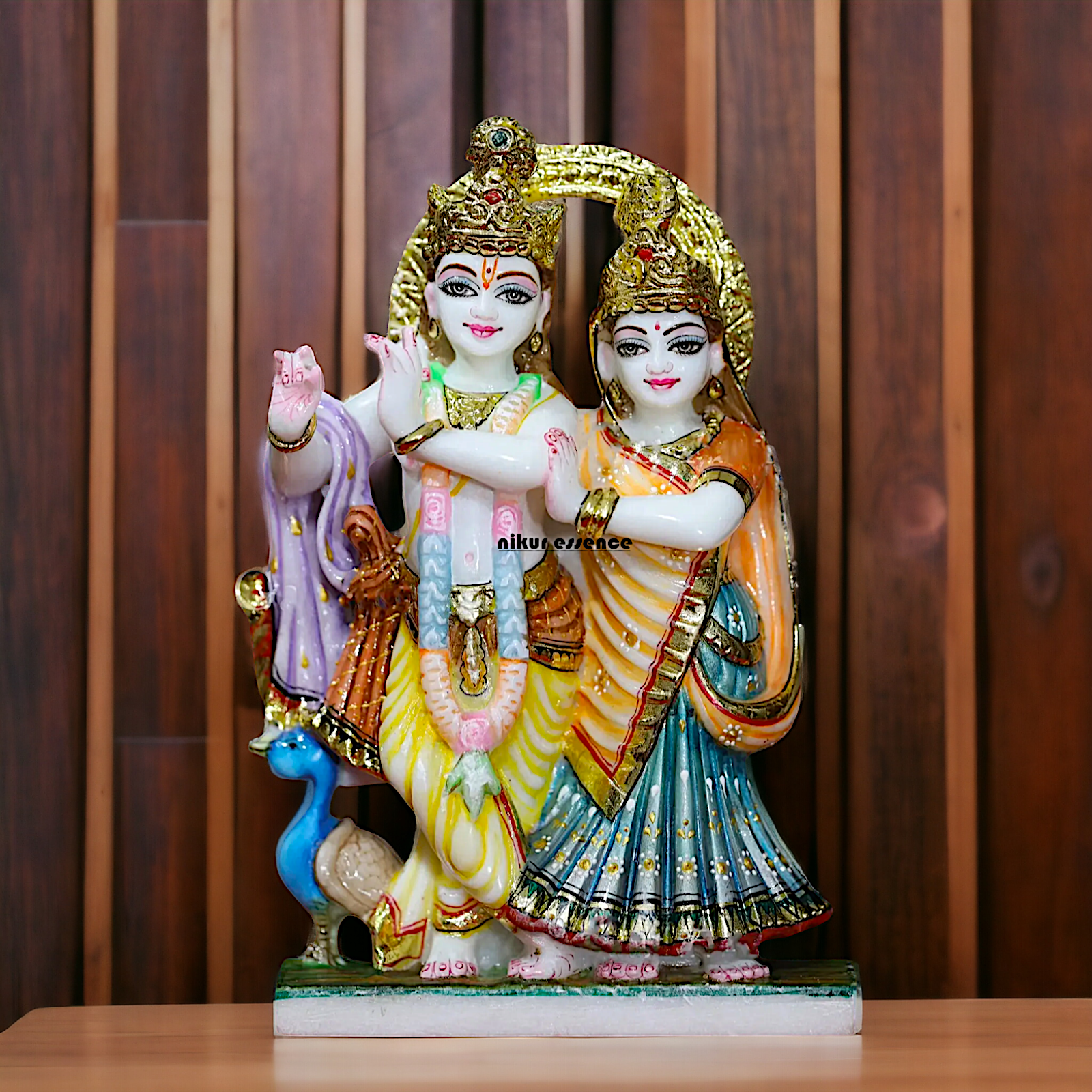 Radha and Krishna Standing with peacock Marble idol - 9 Inches