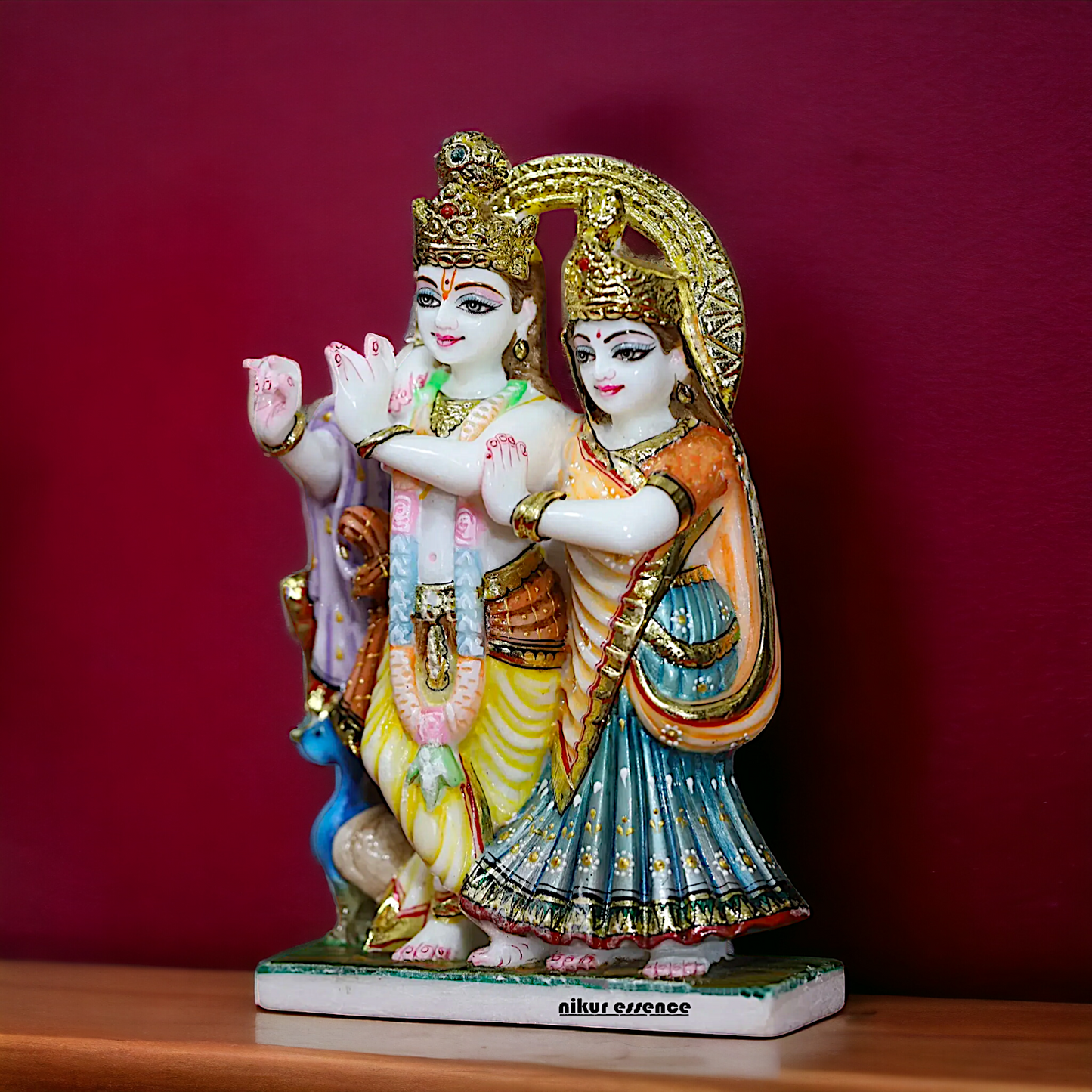 Radha and Krishna Standing with peacock Marble idol - 9 Inches