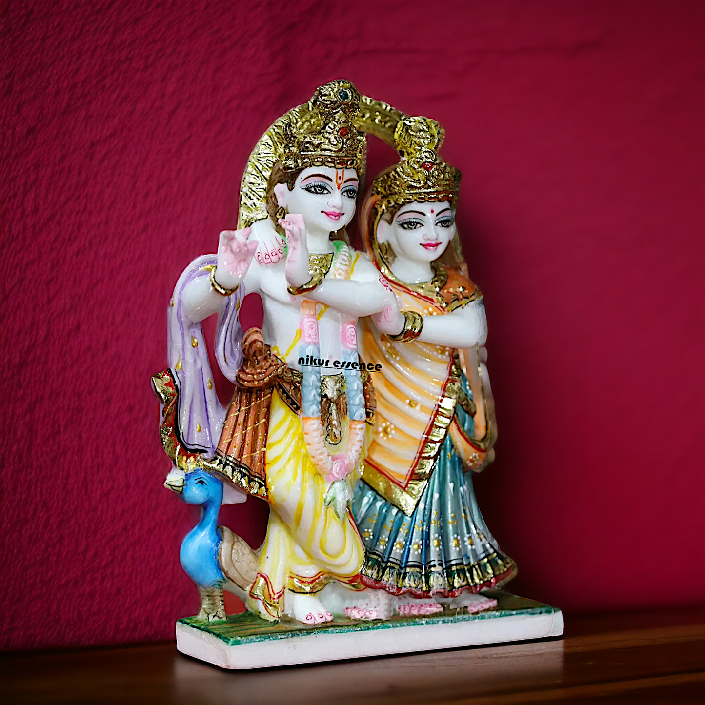 Radha and Krishna Standing with peacock Marble idol - 9 Inches