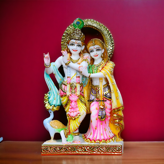 Marble Radha Krishna Standing with Playing Flute colourful statue - 12 Inches