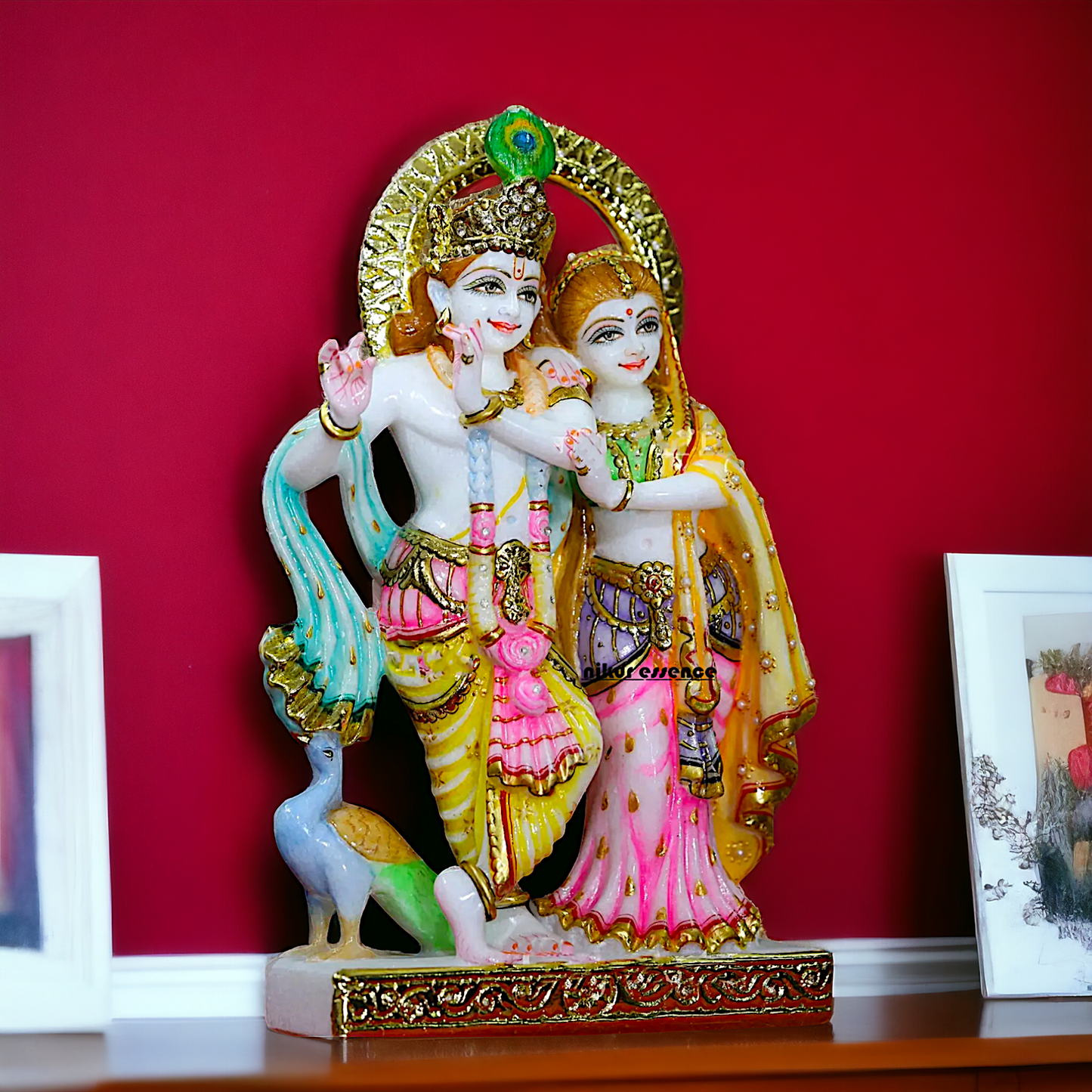 Marble Radha Krishna Standing with Playing Flute colourful statue - 12 Inches