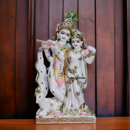 Radha Krishna Standing with Playing Flute with cow Marble statue - 18 Inches