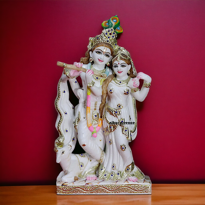 Radha Krishna Standing with Playing Flute with cow Marble statue - 18 Inches