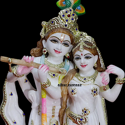 Radha Krishna Standing with Playing Flute with cow Marble statue - 18 Inches