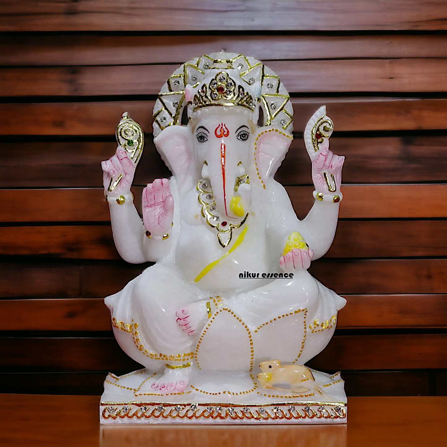 Marble Ganesha sitting on Lotus idol - 9 Inches