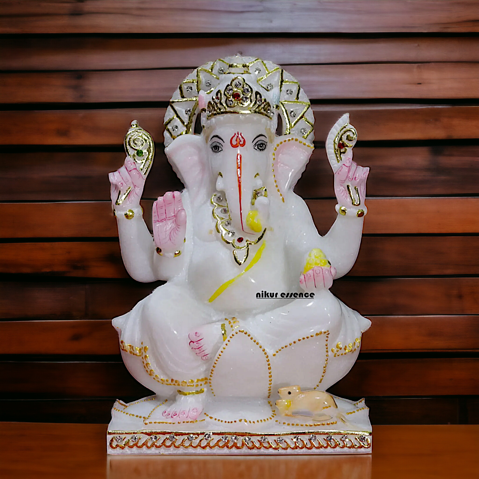 Marble Ganesha sitting on Lotus idol - 9 Inches