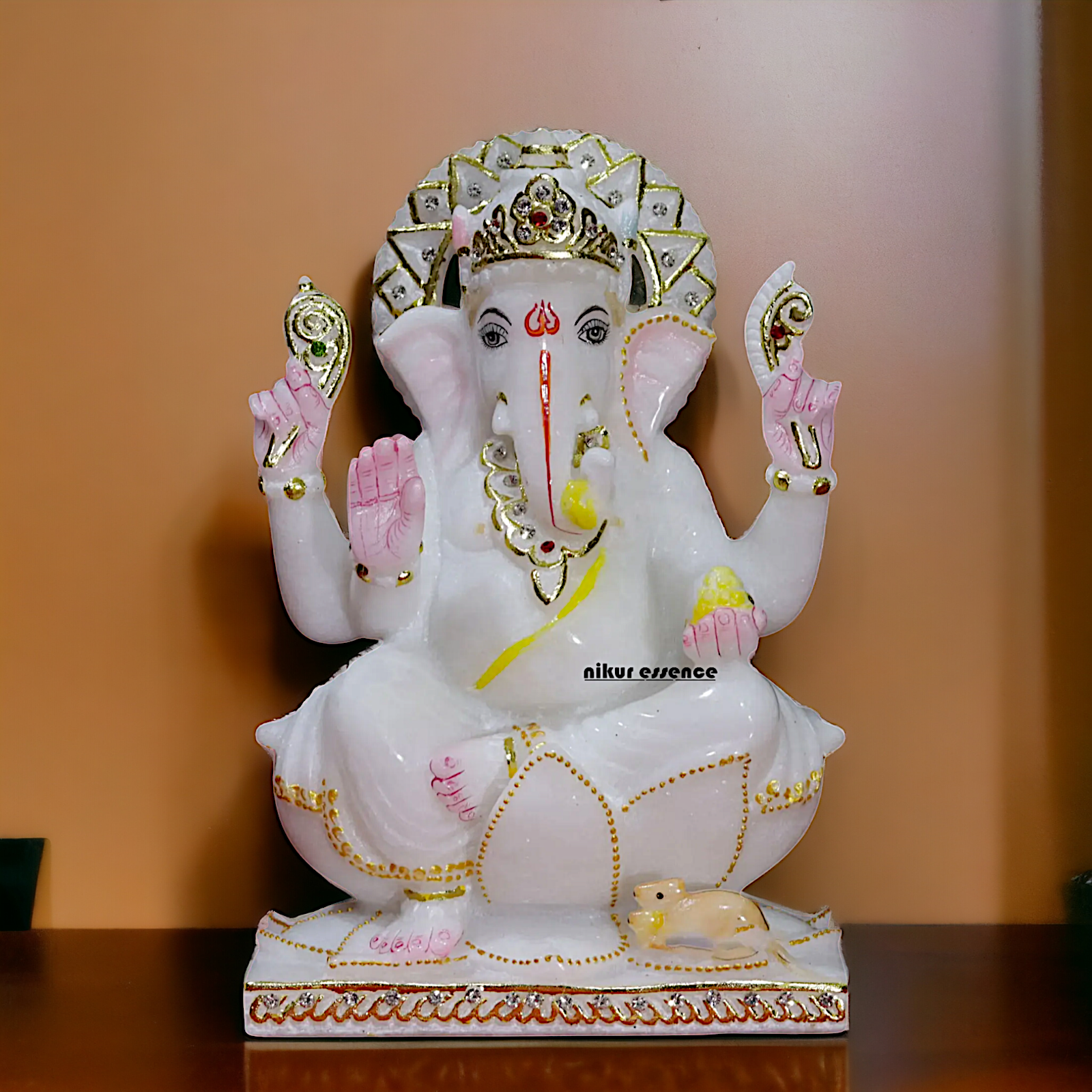 Marble Ganesha sitting on Lotus idol - 9 Inches