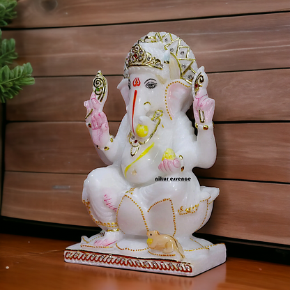 Marble Ganesha sitting on Lotus idol - 9 Inches