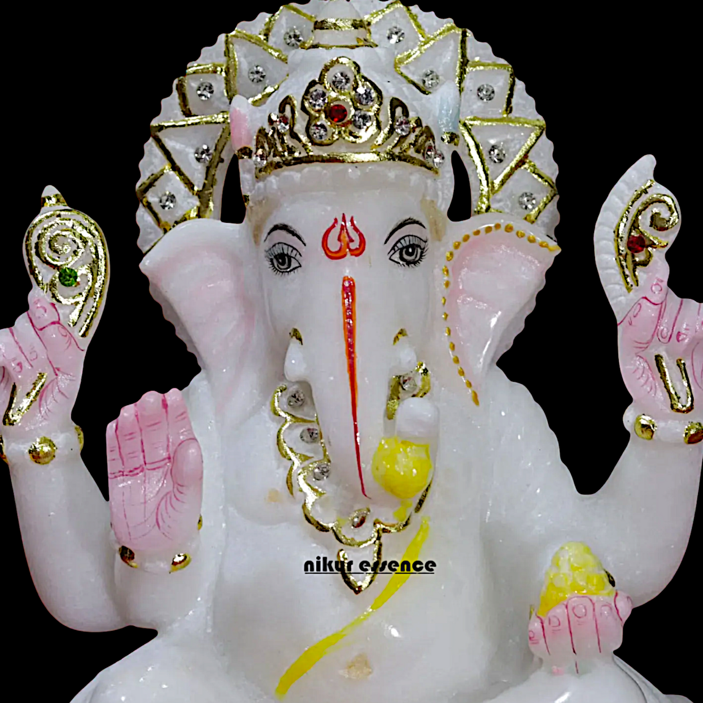 Marble Ganesha sitting on Lotus idol - 9 Inches