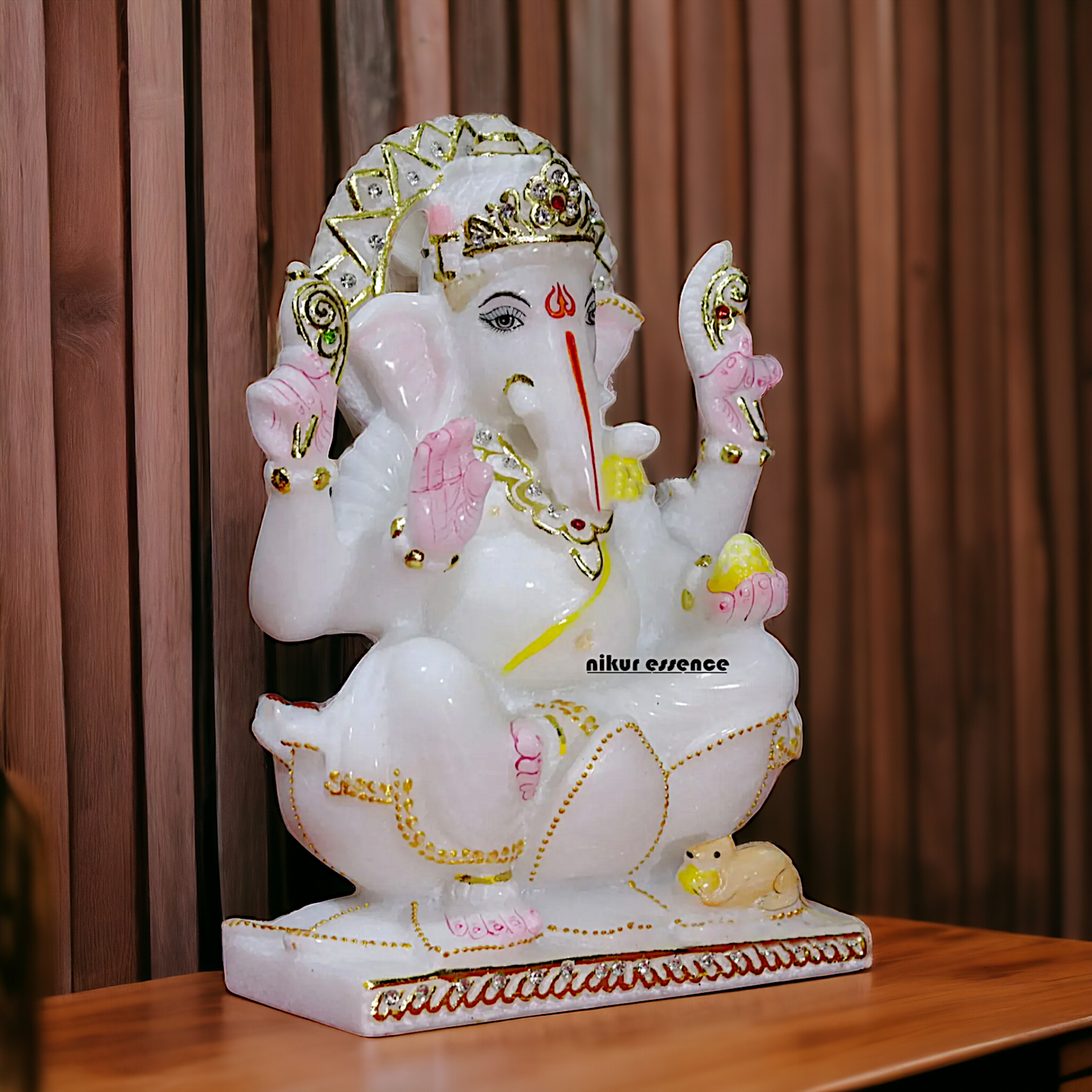 Marble Ganesha sitting on Lotus idol - 9 Inches