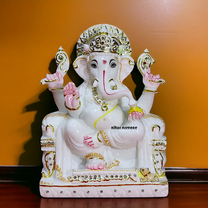 Marble Ganesha seated idol - 9 inches