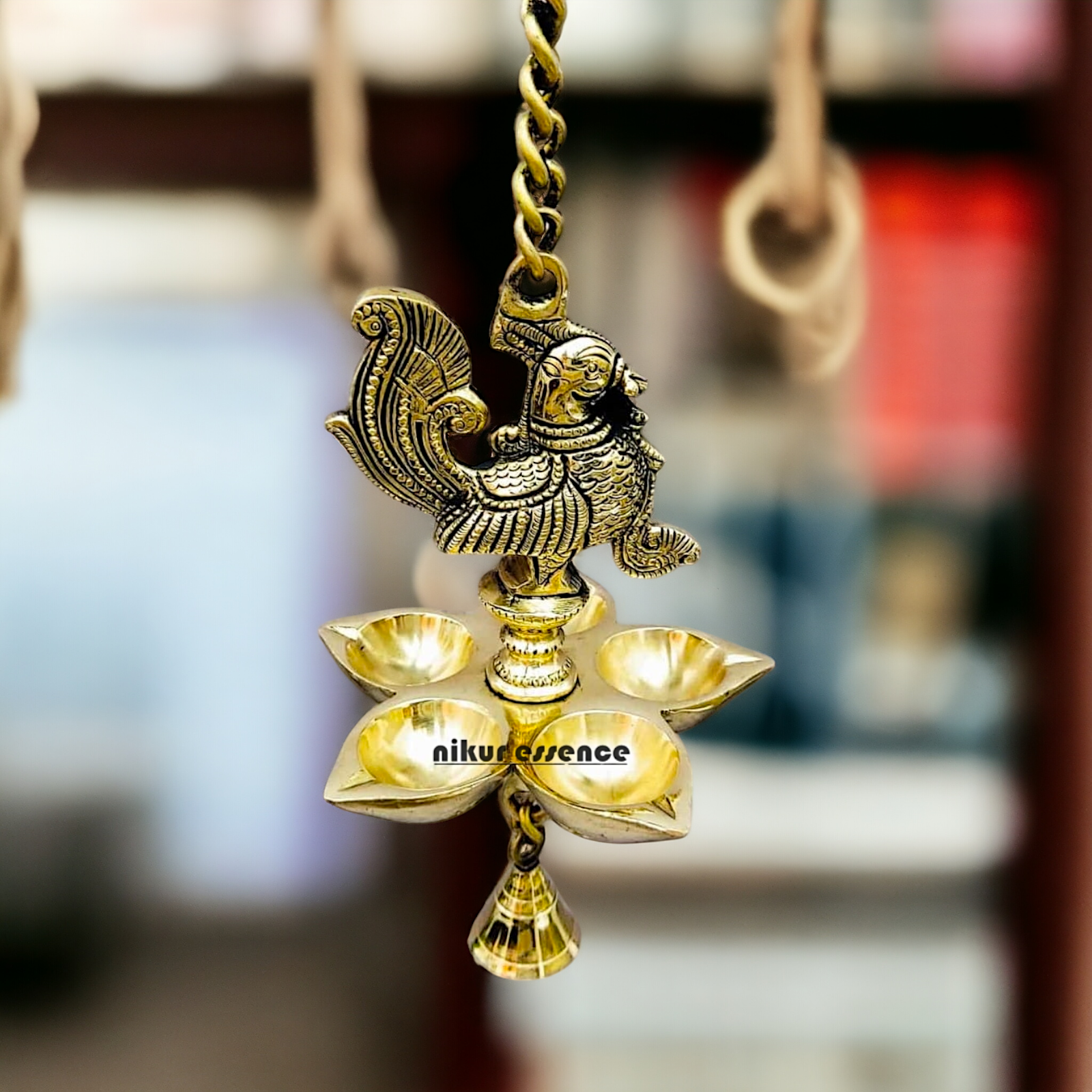 Brass Peacock wall Hanging with five diya and Bell - 25 inches