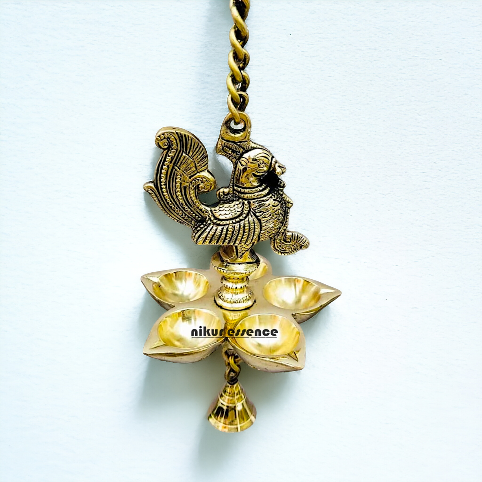 Brass Peacock wall Hanging with five diya and Bell - 25 inches