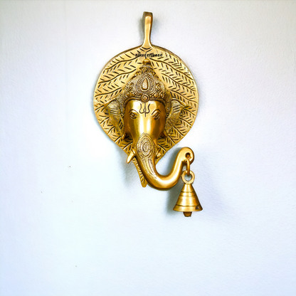 Ganesha on leaf with Bells brass wall hanging idol - 7.5 Inches