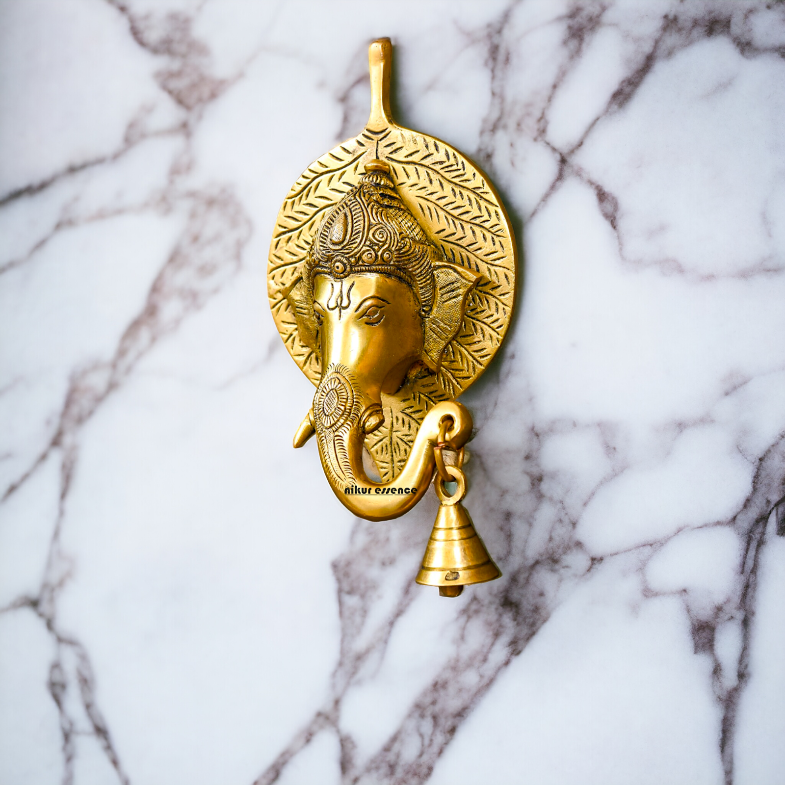 Ganesha on leaf with Bells brass wall hanging idol - 7.5 Inches