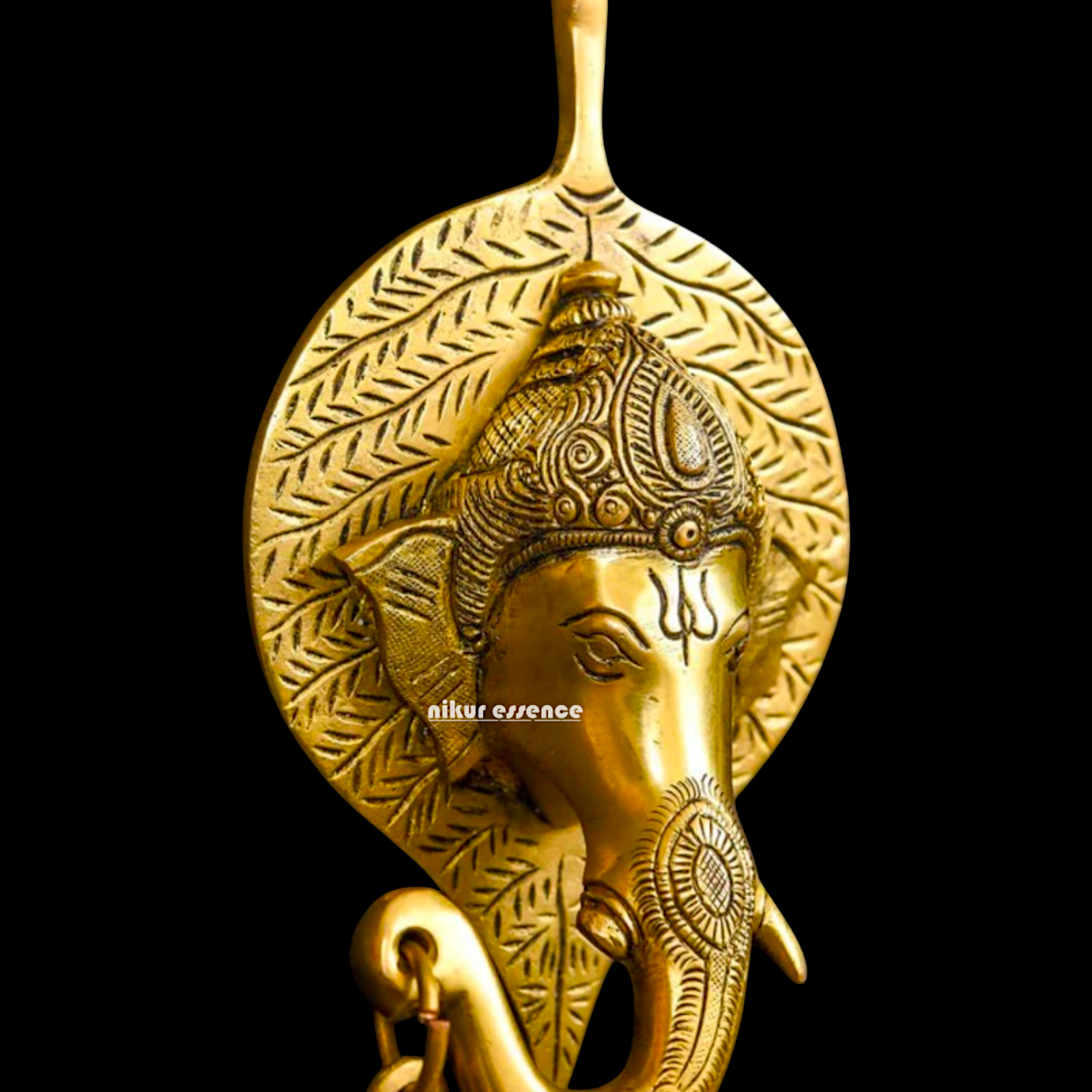 Ganesha on leaf with Bells brass wall hanging idol - 7.5 Inches