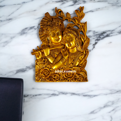 Radha Krishna Solid Brass wall art hanging plate idol - 14 Inches