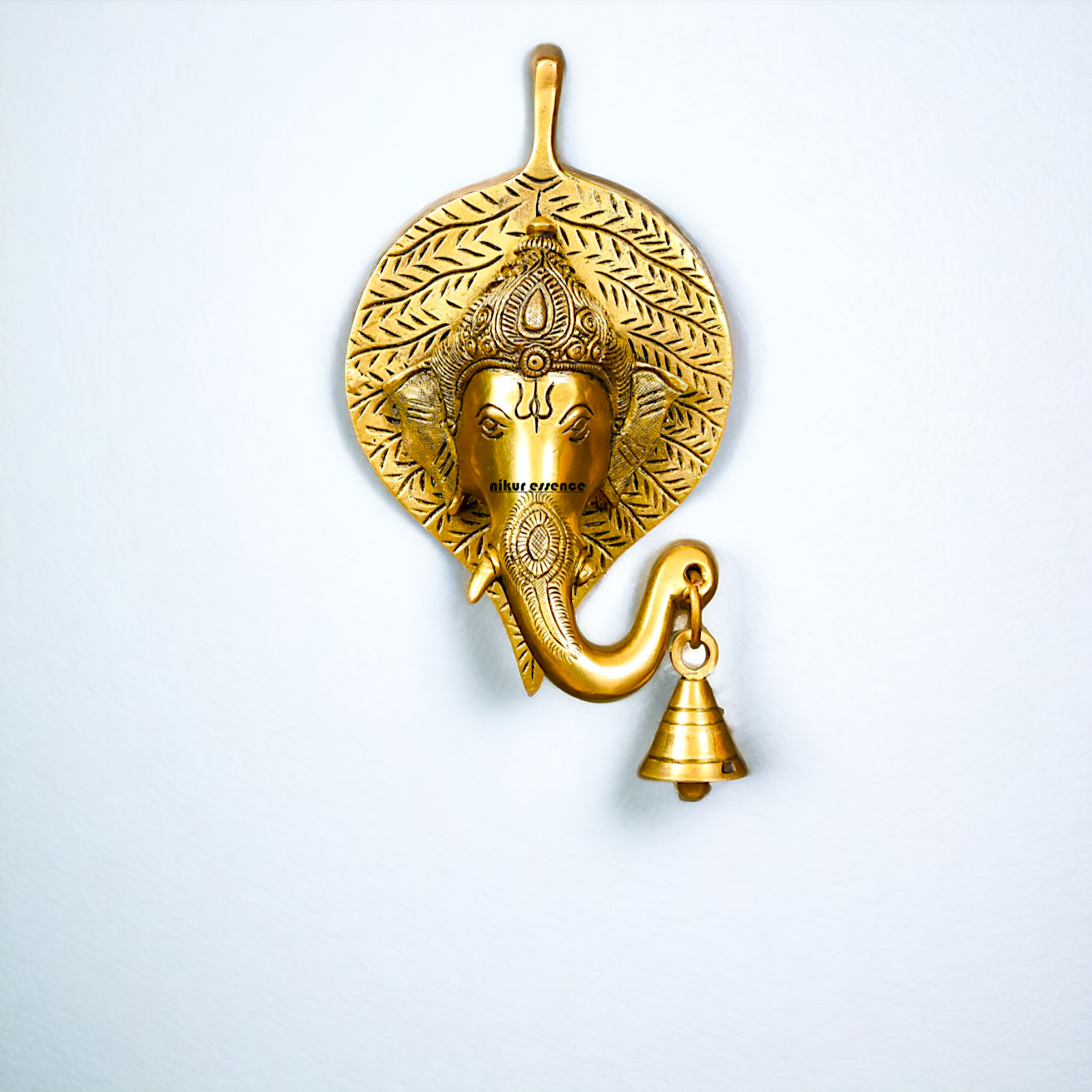 Ganesha Ganpati on leaf with Bell Brass wall hanging plate idol - 8 Inches