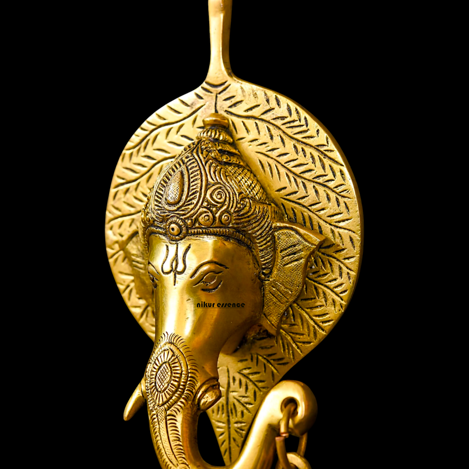 Ganesha Ganpati on leaf with Bell Brass wall hanging plate idol - 8 Inches