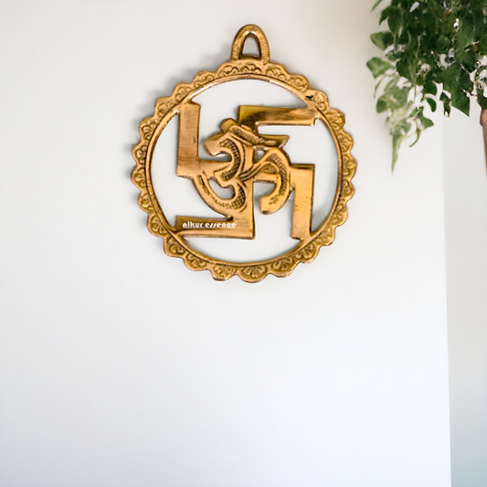 Swastik Om Brass wall hanging plate idol - 6 Inches