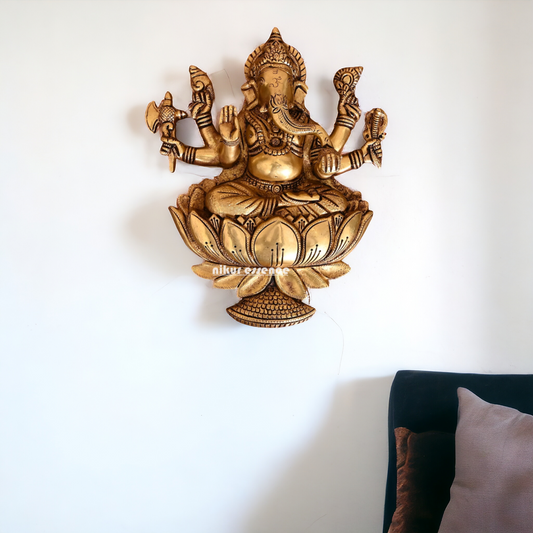 Ganesha seated on lotus Brass wall hanging plate idol- 13 Inches