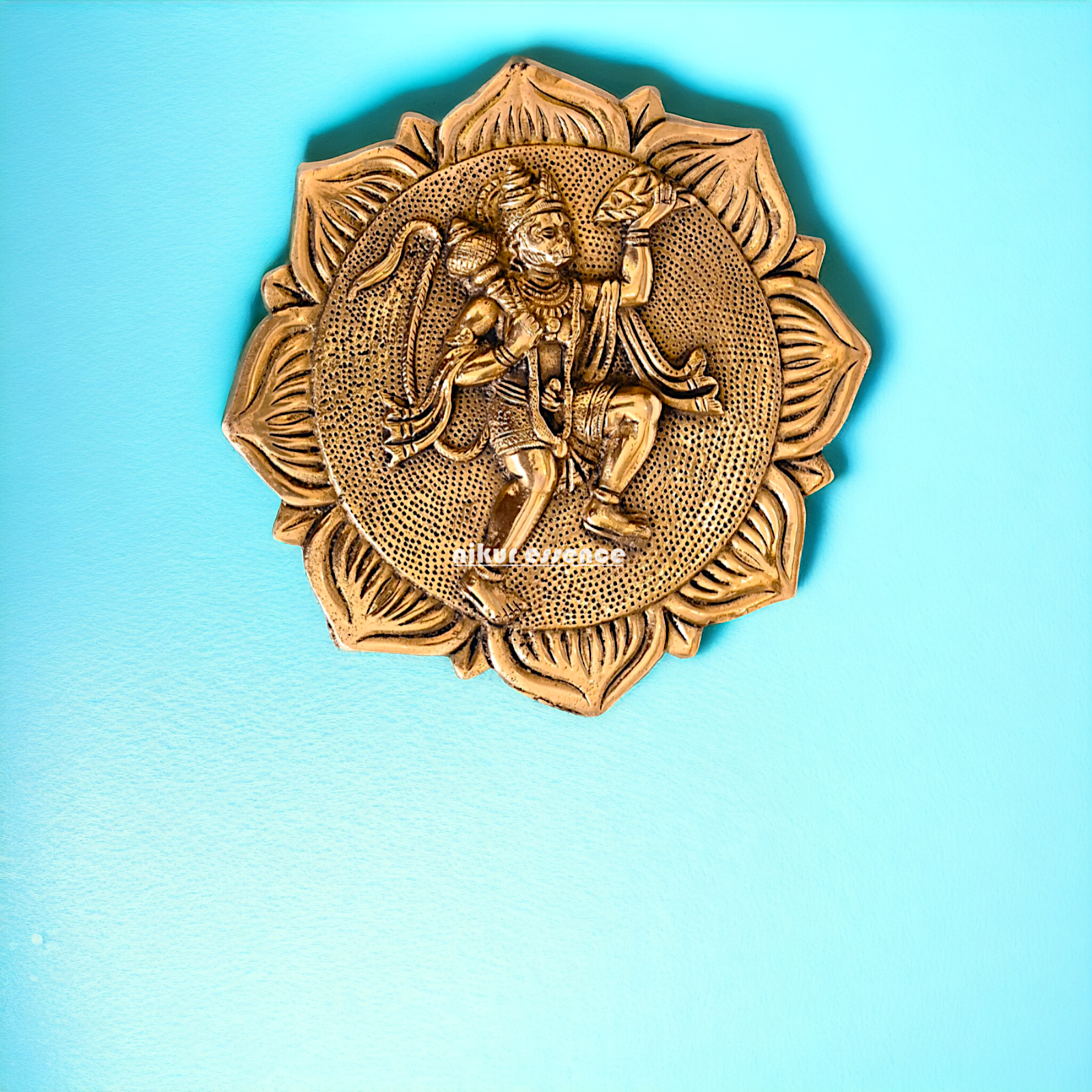 Brass Hanuman holding sanjeevni booti wall hanging plate idol- 7.5 Inches