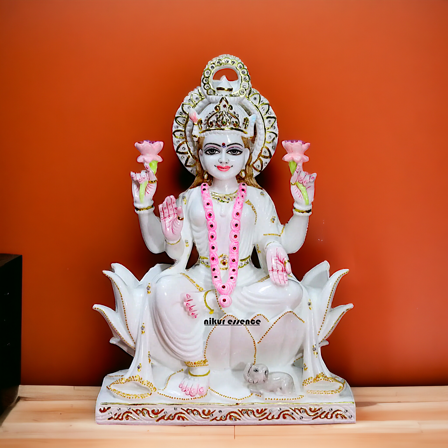 Lakshmi sitting on Lotus pure marble idol - 18 Inches