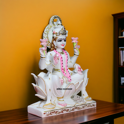 Lakshmi sitting on Lotus pure marble idol - 18 Inches