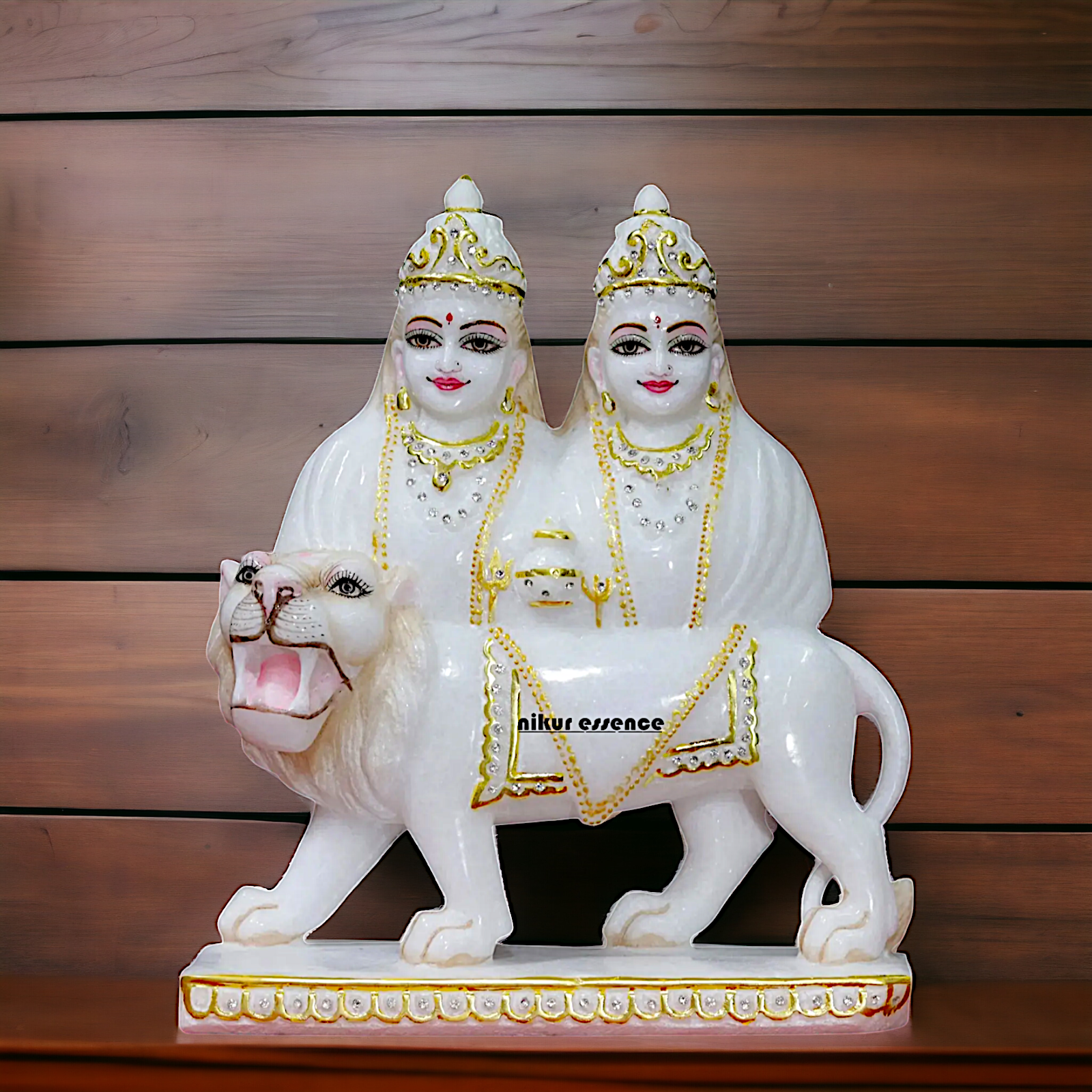 Chamunda Devi with lion Marble idol - 12 Inches