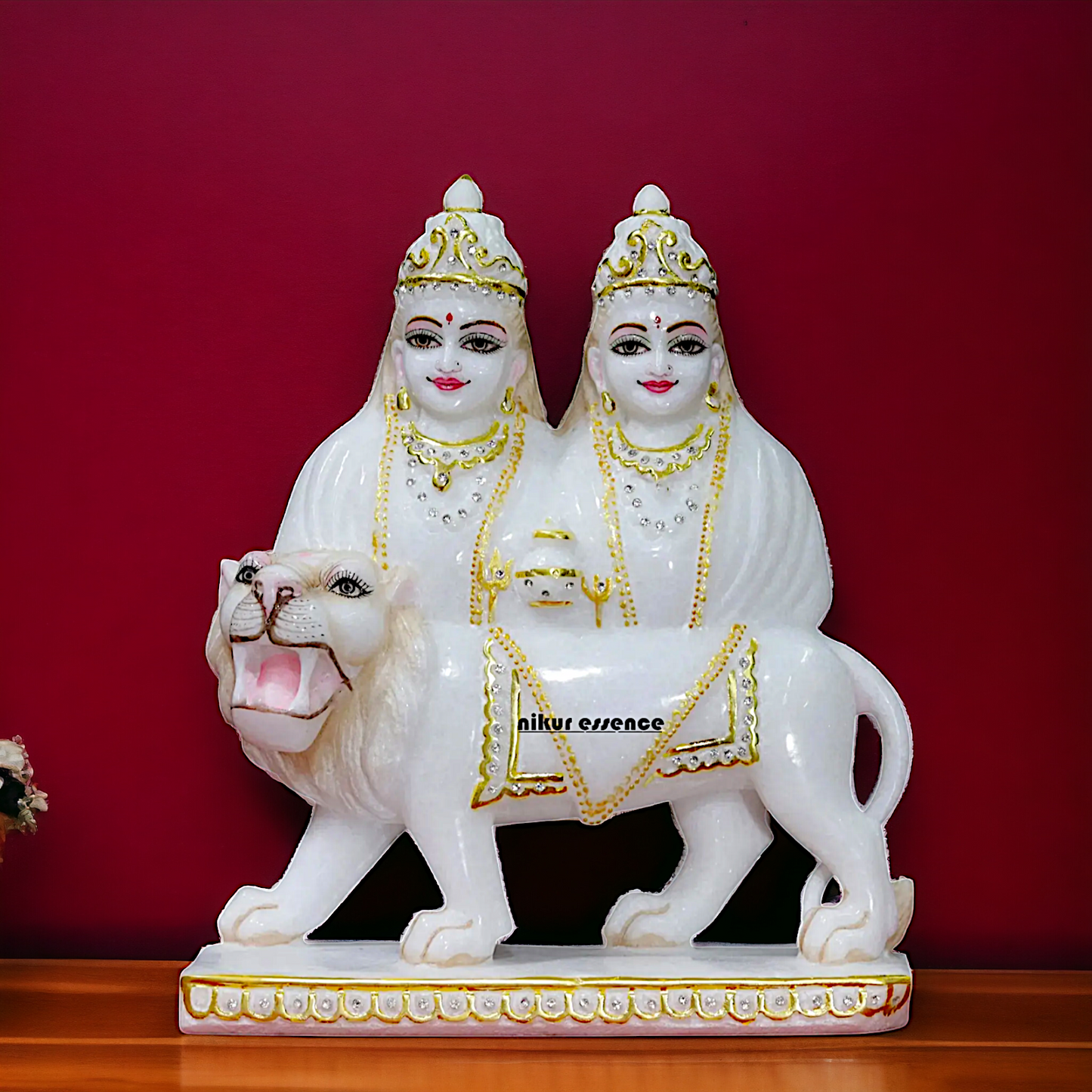 Chamunda Devi with lion Marble idol - 12 Inches