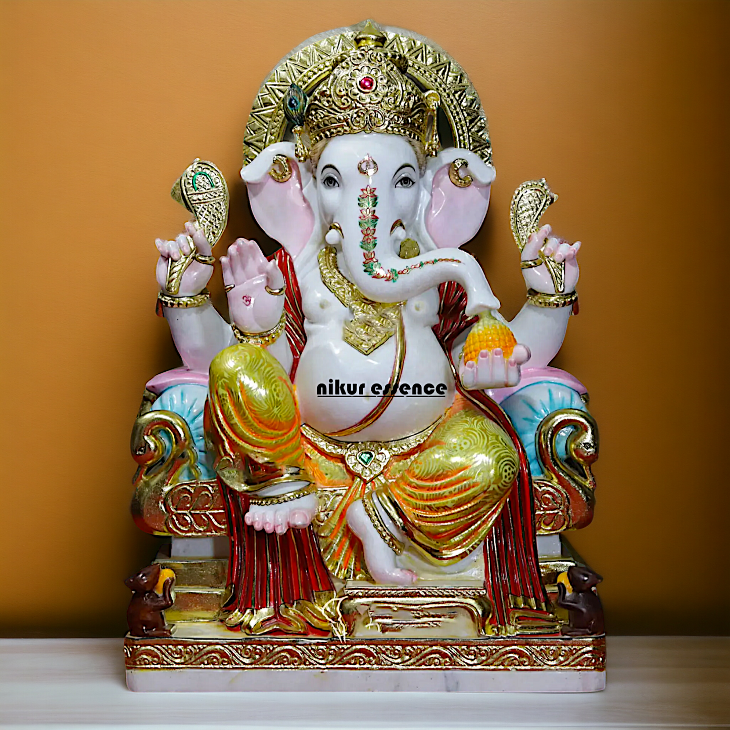 Large Ganesha Ganpati sitting on throne Marble idol - 36 inches