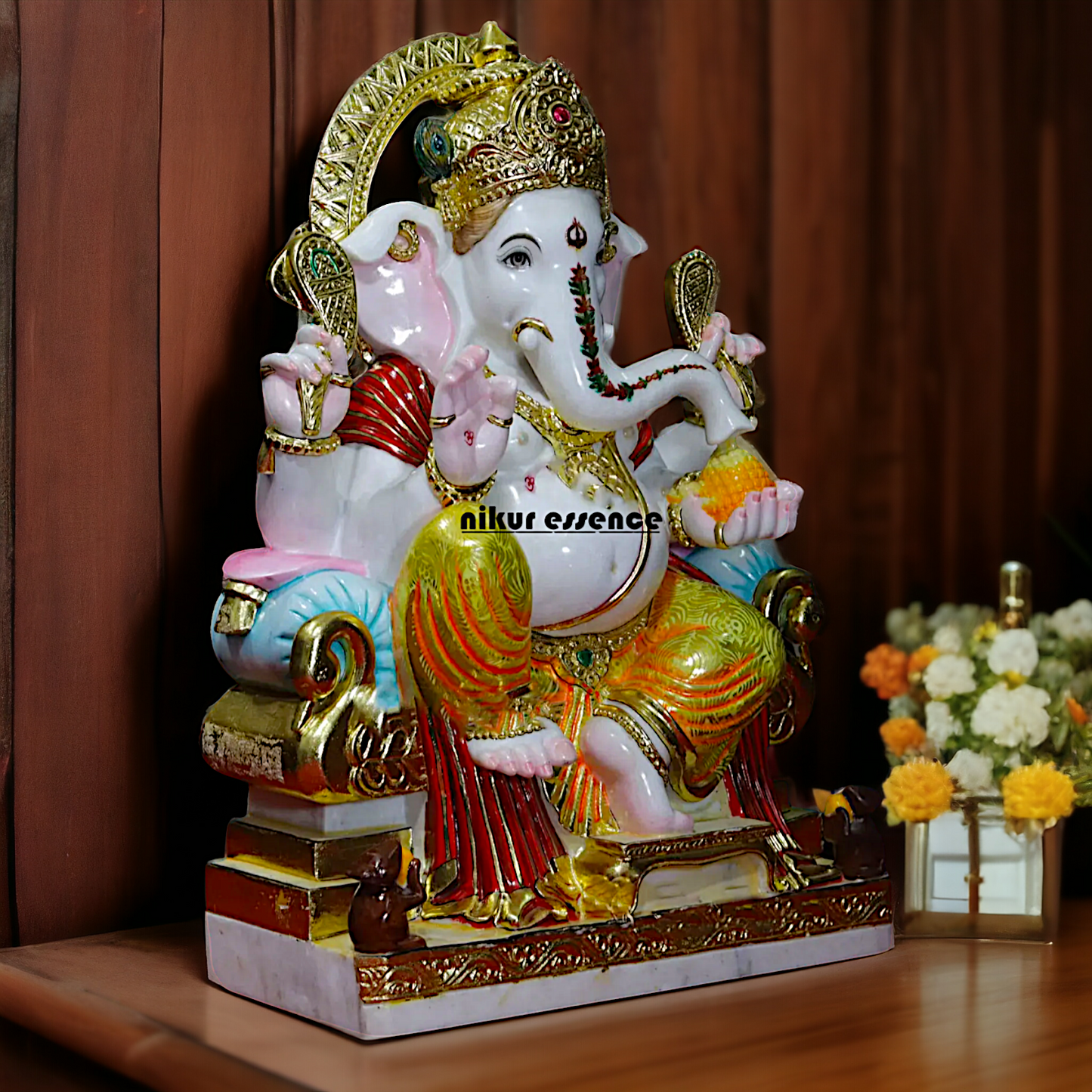 Large Ganesha Ganpati sitting on throne Marble idol - 36 inches