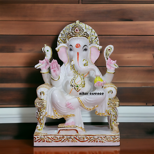 Ganesha Ganpati seated on throne Marble idol - 12 inches