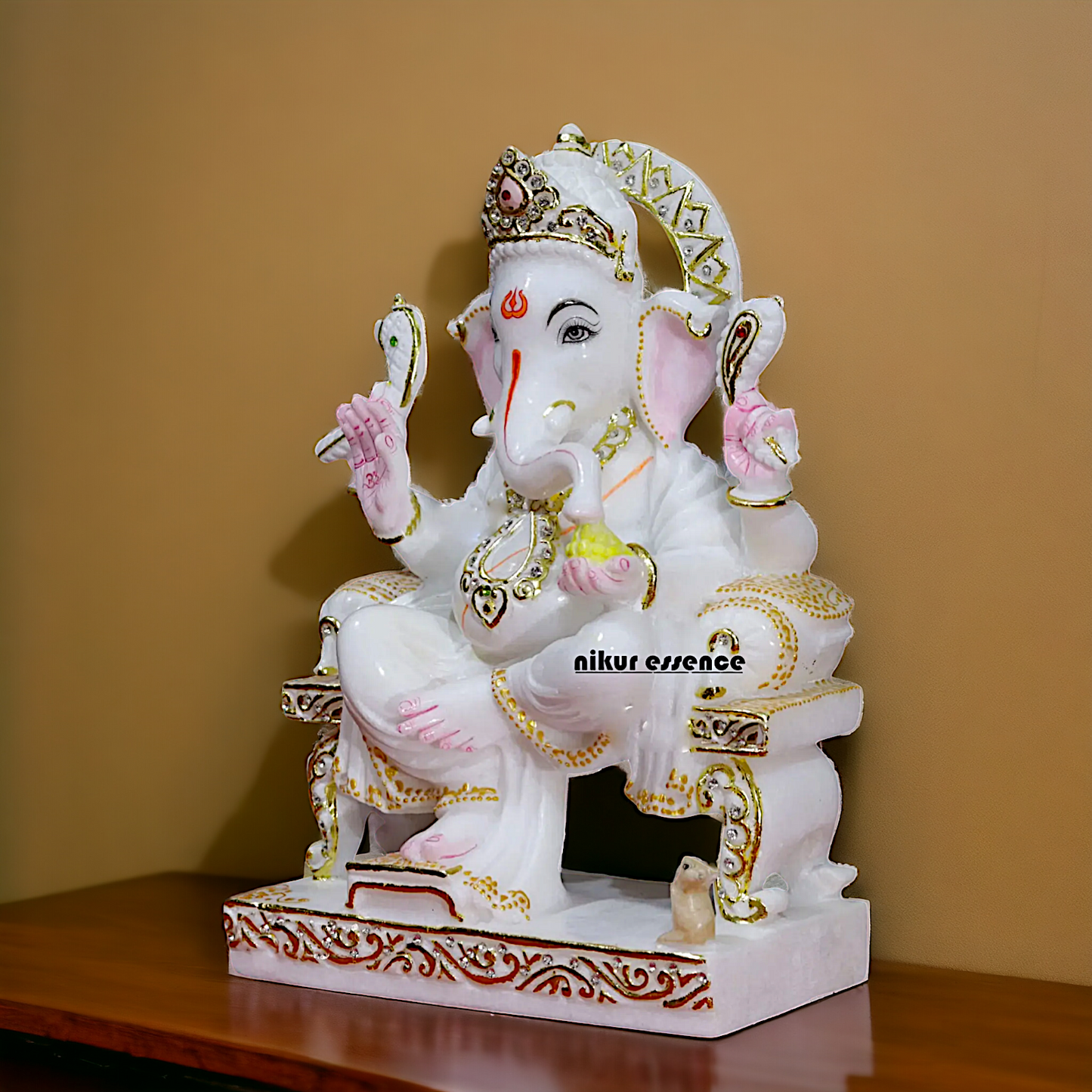 Ganesha Ganpati seated on throne Marble idol - 12 inches