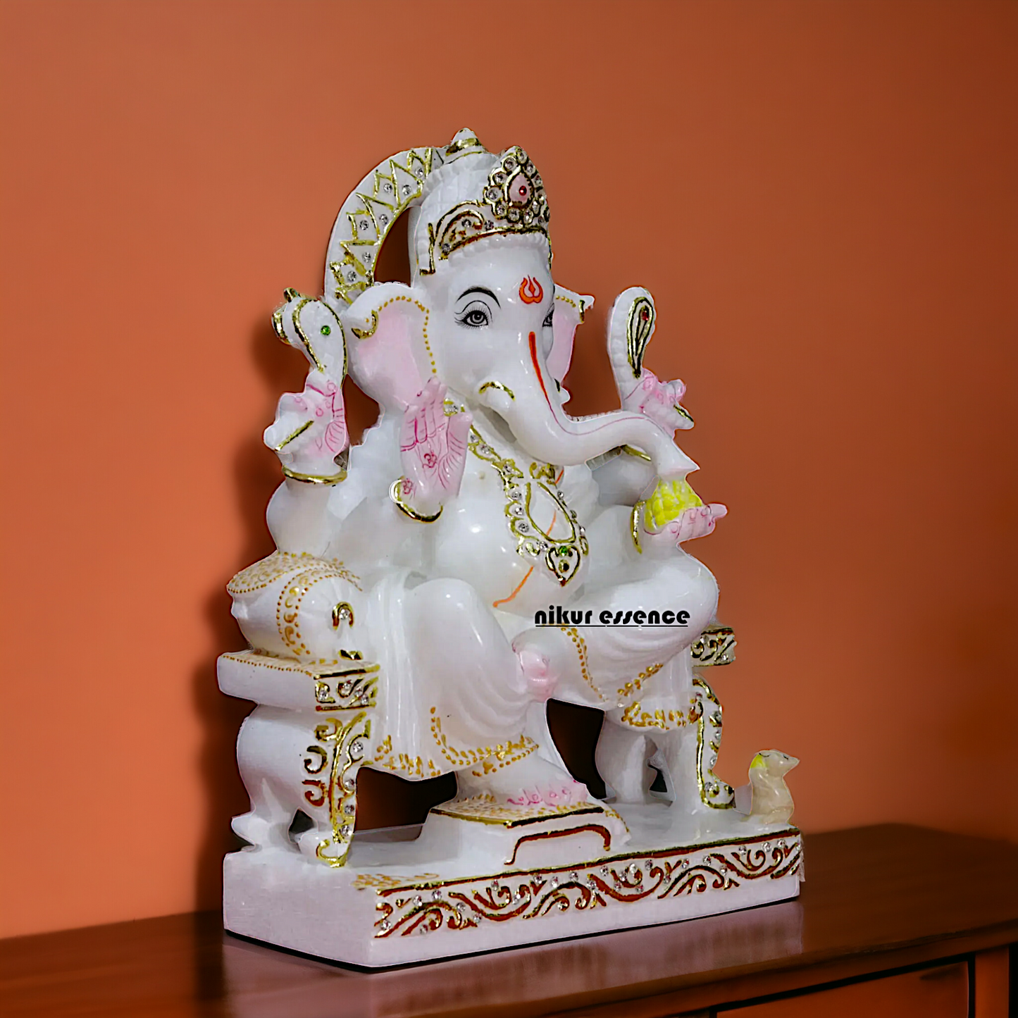 Ganesha Ganpati seated on throne Marble idol - 12 inches