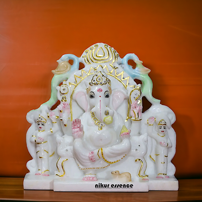 Ganesha Ganpati seated with Riddhi Siddhi Marble idol - 9 inches