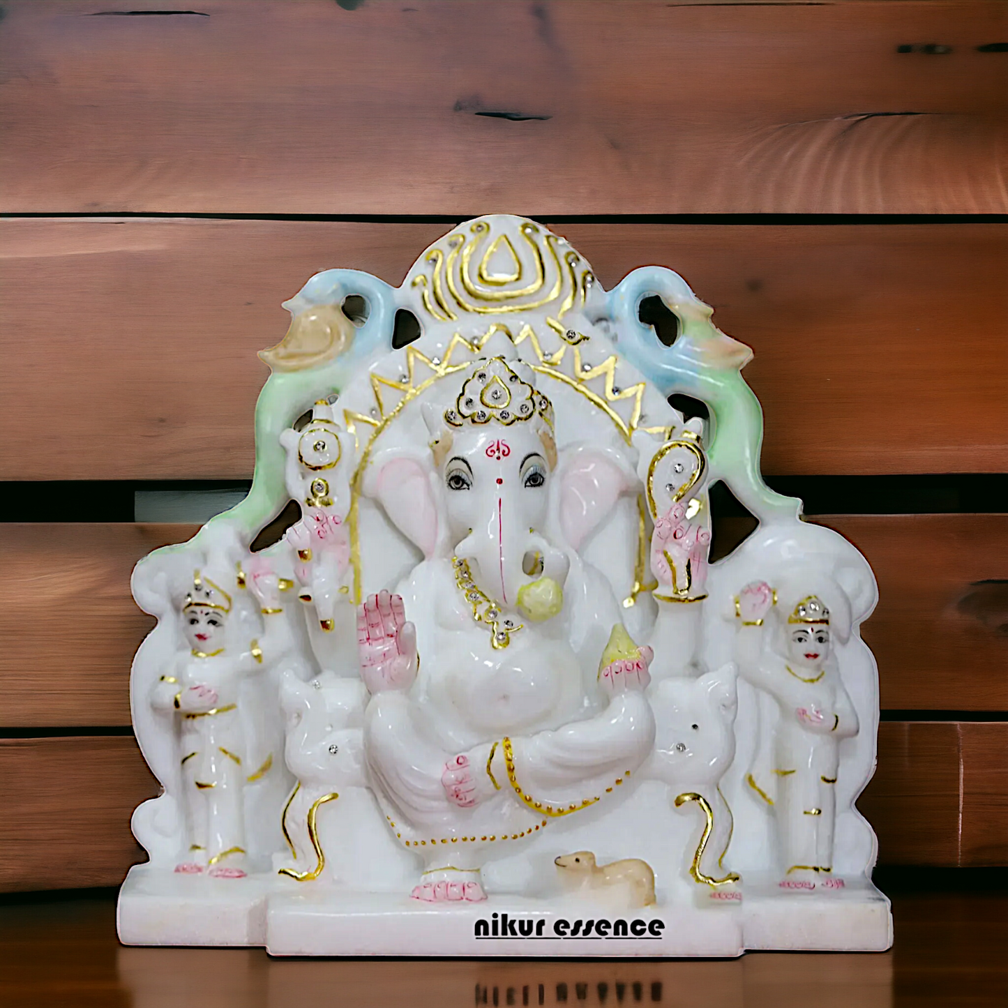 Ganesha Ganpati seated with Riddhi Siddhi Marble idol - 9 inches